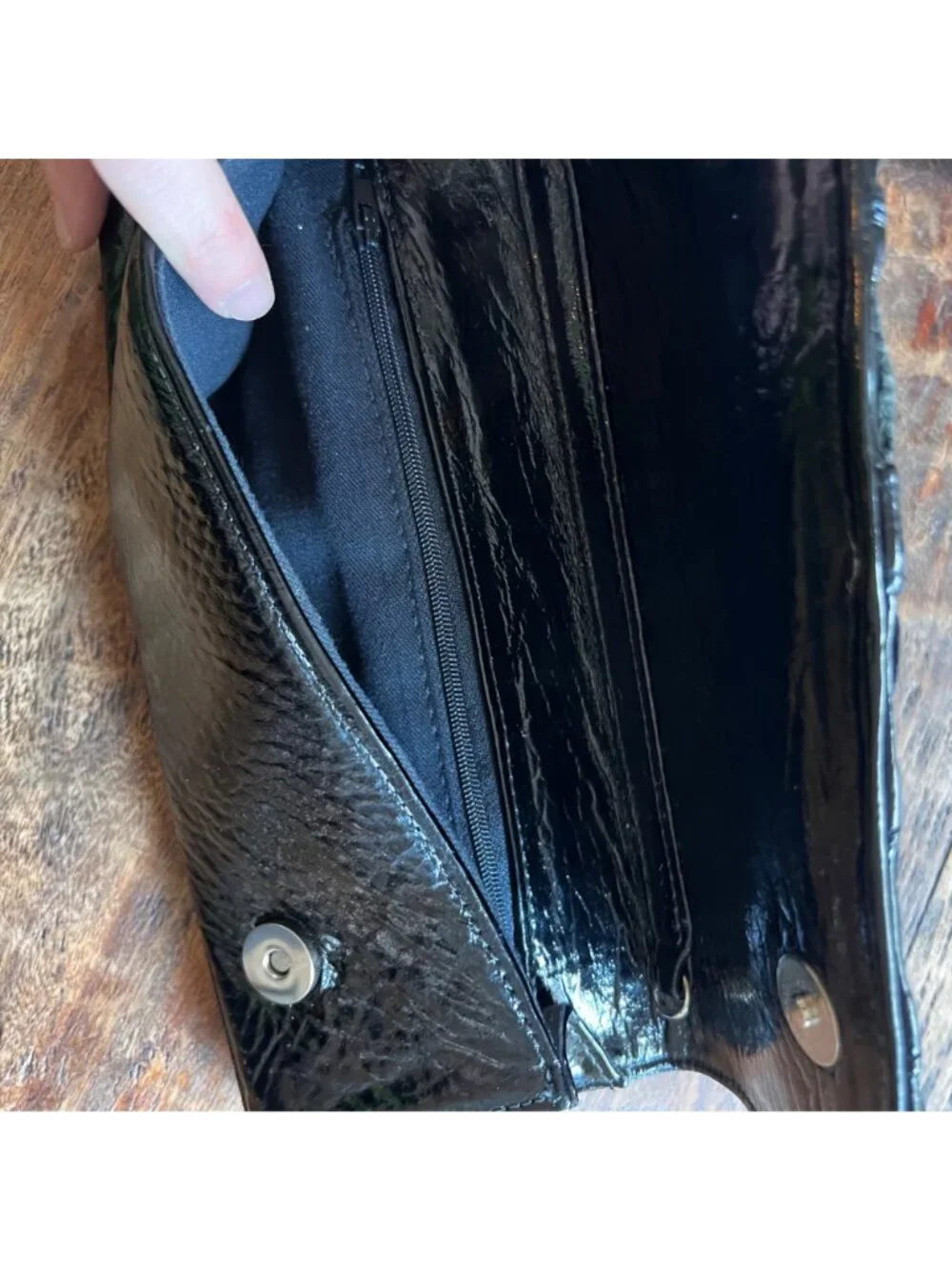 Black Real Patent Leather Susan Farber Clutch With Ruffle & Grommet Detailing 10